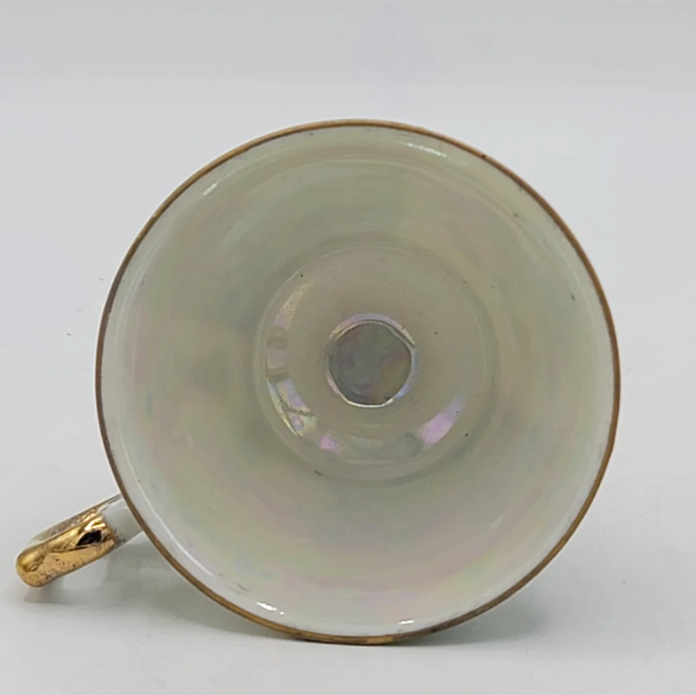 Japanese Lusterware Demitasse Cup Saucer Gold Trim Iridescent Floral Panels Vtg